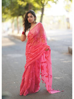 The Raksha Store - Women Pink Woven Saree with Unstiched Blouse