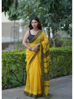 The Raksha Store - Women Yellow Woven Saree with Unstiched Blouse