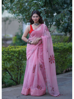 The Raksha Store - Women Pink Woven Saree with Unstiched Blouse