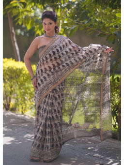 The Raksha Store - Women Beige Printed Saree with Unstiched Blouse