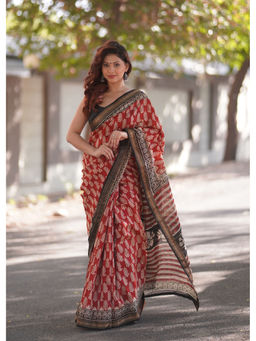 The Raksha Store - Women Red Printed Saree with Unstiched Blouse