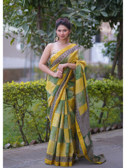 The Raksha Store - Women Yellow Printed Saree with Unstiched Blouse