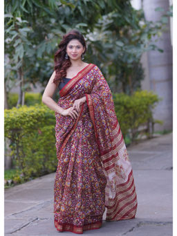 The Raksha Store - Women Maroon Printed Saree with Unstiched Blouse
