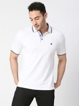 Dragon Hill - Half Sleeves White Pique Lycra Polo T-shirt With Tipping Collar
