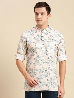 Sanwara - Men Printed Cotton Rolled Up Sleeves Short Kurta
