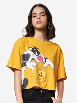 The Souled Store - Official Looney Tunes Yellow Sylvester Oversized Cropped T-shirt