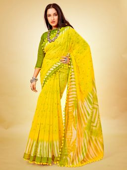 Sareemall - Women's Cotton Blend Yellow Printed Celebrity Saree with Unstitched Blouse