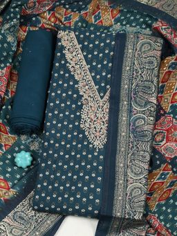 MEENA BAZAAR - Women Blue Cotton Embroidered Unstitched Kurta and Pant with Dupatta