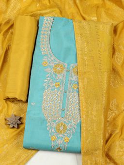 MEENA BAZAAR - Women Blue Chanderi Embroidered Unstitched Kurta and Pant with Dupatta