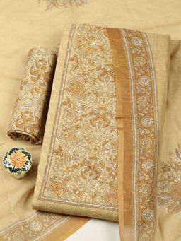 MEENA BAZAAR - Women Mustard Chanderi Embroidered Unstitched Kurta and Pant with Dupatta