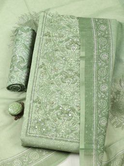 MEENA BAZAAR - Women Green Chanderi Embroidered Unstitched Kurta and Pant with Dupatta