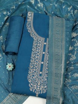 MEENA BAZAAR - Women Blue Chanderi Embroidered Unstitched Kurta and Pant with Dupatta