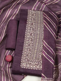 MEENA BAZAAR - Women Wine Chanderi Embroidered Unstitched Kurta and Pant with Dupatta