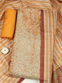 MEENA BAZAAR - Women Mustard Chanderi Embroidered Unstitched Kurta and Pant with Dupatta