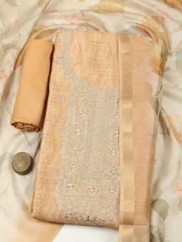 MEENA BAZAAR - Women Mustard Chanderi Embroidered Unstitched Kurta and Pant with Dupatta