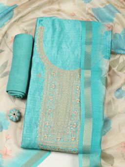 MEENA BAZAAR - Women Green Chanderi Embroidered Unstitched Kurta and Pant with Dupatta