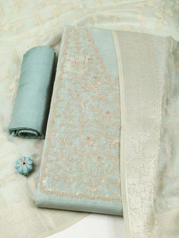 MEENA BAZAAR - Women Green Art Silk Embroidered Unstitched Kurta and Pant with Dupatta