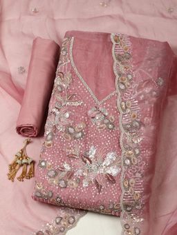 MEENA BAZAAR - Women Pink Organza Embroidered Unstitched Kurta and Pant with Dupatta