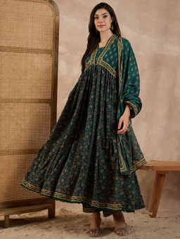 CHETI - Women Blue Pure Cotton Printed Anarkali Kurta with Pant and Dupatta