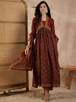 CHETI - Women Maroon Pure Cotton Printed Anarkali Kurta with Pant and Dupatta