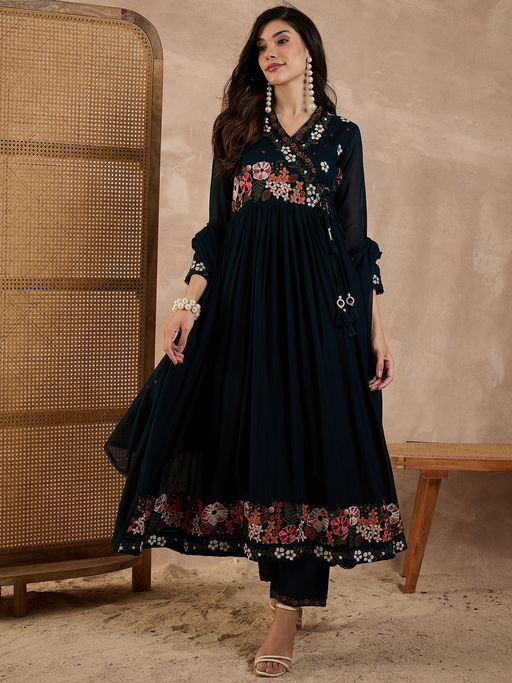 CHETI Women Navy Blue Mulmul Embroidered Anarkali Kurta with Pant and Dupatta