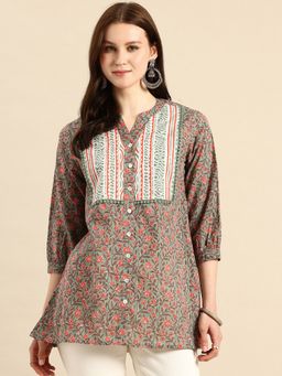 A&K - Green Floral Print Mandarin Collar Pure Cotton Top