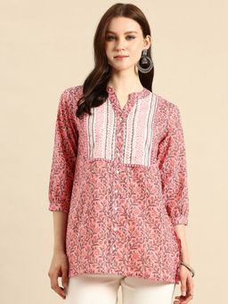 A&K - Pink Floral Print Mandarin Collar Pure Cotton Top