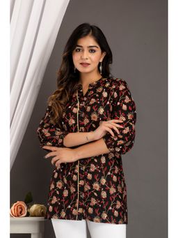 A&K - Black Floral Print Mandarin Collar Top