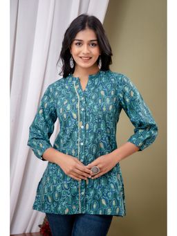 A&K - Green Casual Printed Mandarin Collar Top