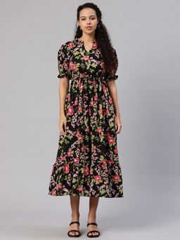 Swishchick - Black Floral Printed Puff Sleeves Fit and Flare Dress