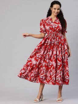 Swishchick - Red Floral Printed Puff Sleeves Fit and Flare Dress