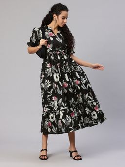 Swishchick - Black Floral Printed Puff Sleeves Fit and Flare Dress