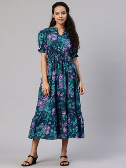 Swishchick - Teal Floral Printed Puff Sleeves Fit and Flare Dress