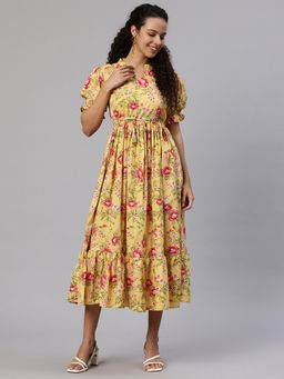 Swishchick - Yellow Floral Printed Puff Sleeves Fit and Flare Dress