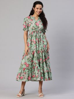 Swishchick - Green Floral Printed Puff Sleeves Fit and Flare Dress