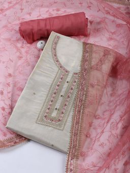 MEENA BAZAAR - Women Cream Art Silk Embroidered Unstitched Kurta and Pant with Dupatta