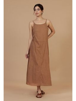 Tjori - Brown Cotton Shoulder Straps A-Line Dress