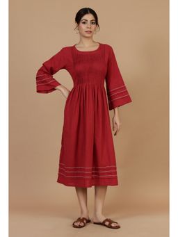 Tjori - Maroon Cotton Pintucks and Contrast Stitching A-Line Dress