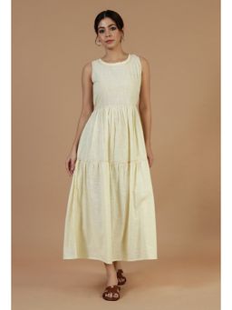 Tjori - Butter Cream Sleeveless Tiered Cotton A-Line Dress