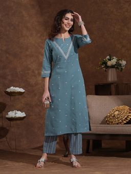 Kami Kubi - Women Grey Cotton Block Print Kurta with Pant