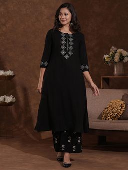 Kami Kubi - Women Black Cotton Block Print Kurta with Palazzo