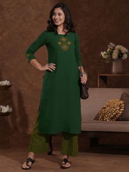 Kami Kubi - Women Green Cotton Embroidered Kurta with Palazzo