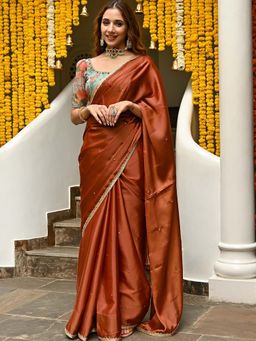 Lavanya The Label - Rust Embroidered Saree with Stitched Blouse