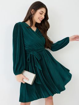Globus - Women Green V-Neck Neck Bishop Sleeves Accordion Pleated Belted A-Line Dress