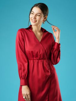 Globus - Women Maroon Shirt Collar Cuffed Sleeves Gathered & Button Detail Workwear Wrap Dress
