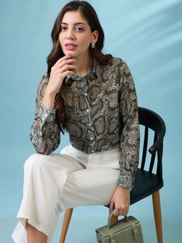 Globus - Women Green Cuffed Sleeves Animal Print Georgette Workwear Shirt
