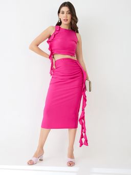 Globus - Pink Bodycon Crop Top and Midi Skirt Party Co-Ord (Set of 2)