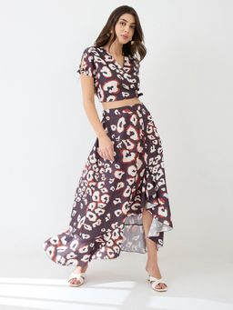 Globus - Brown Printed Crop Top and Ruffled Maxi Skirt Co-Ord (Set of 2)