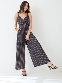 Globus - Polka Dots Wrap Neck Strappy Shoulder Satin Jumpsuit