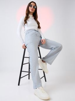 Globus - Women Light Blue Textured Mid Rise Drawstring Waist Cargo Trouser